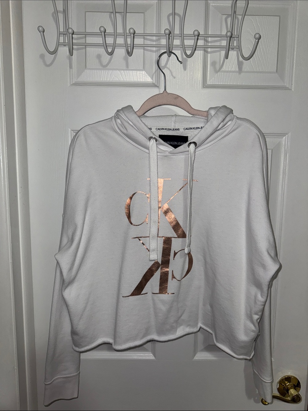 Calvin Klein White Cropped Hoodie with Rose Gold Logo Size L